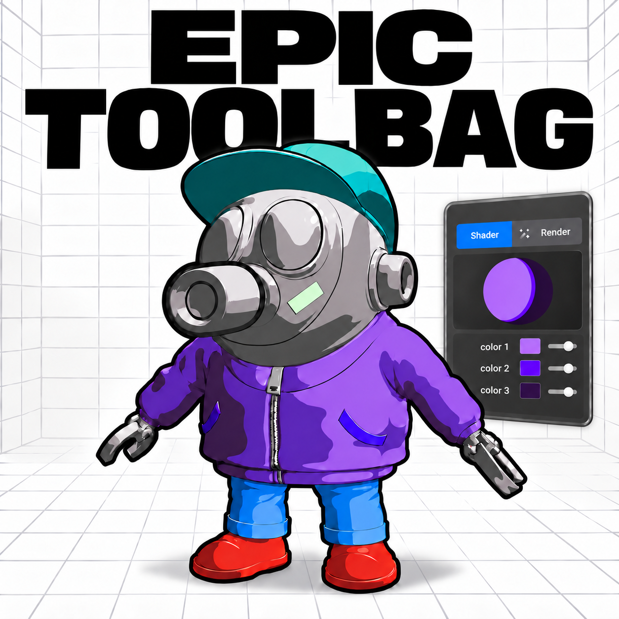 Epic Toolbag — personagem com máscara de gás e jaqueta roxa, sobre grid cinza e interface da ferramenta ao fundo